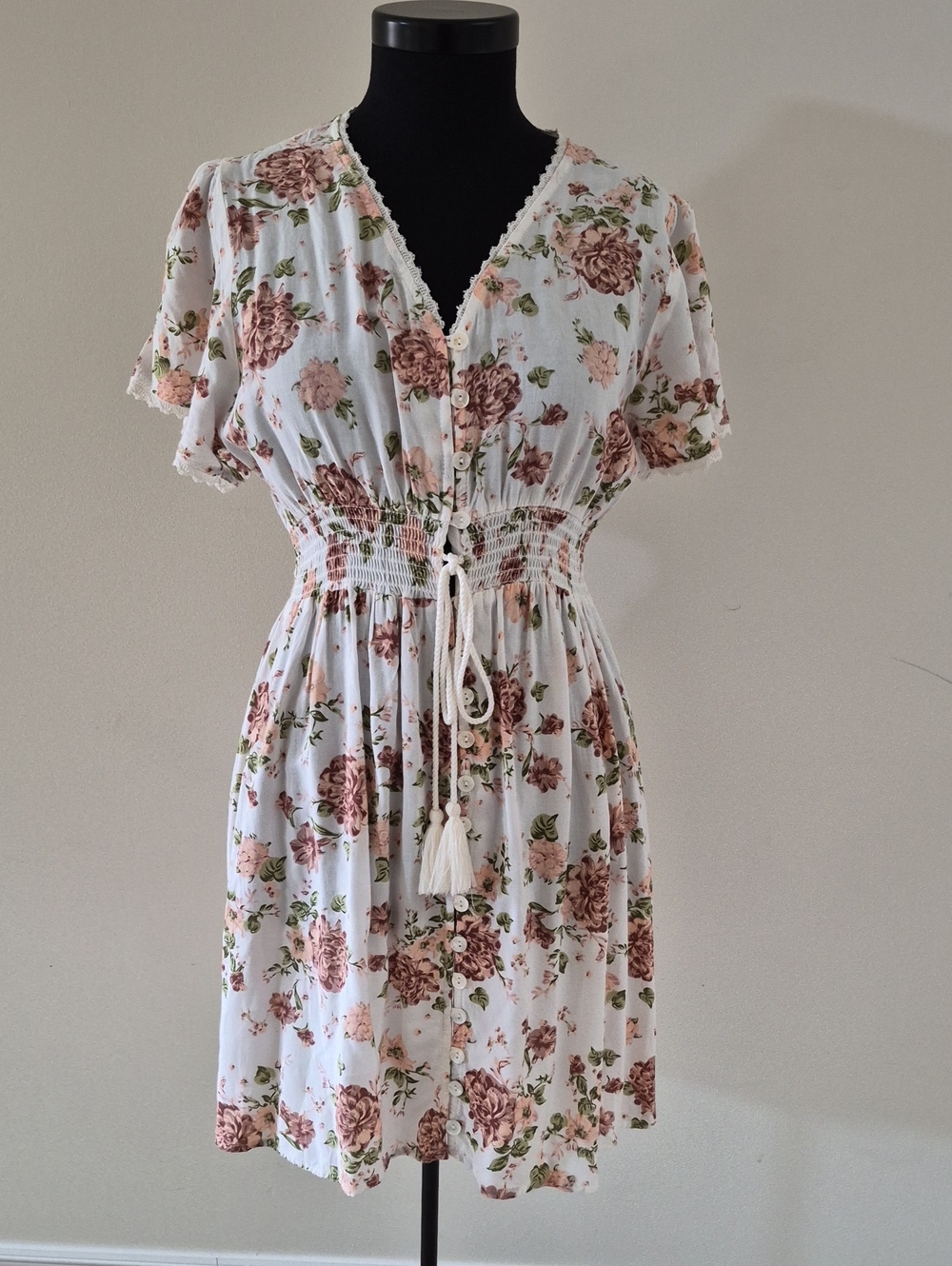 White Floral Button-Front Mini Dress with Drawstring Waist